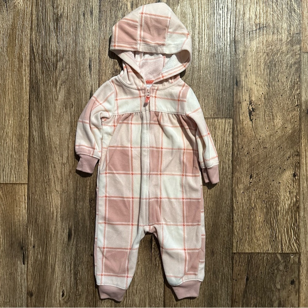 Carter’s Baby Girl Fleece Jumpsuit 6M Pink Plaid Hooded Coverall Zip EUC